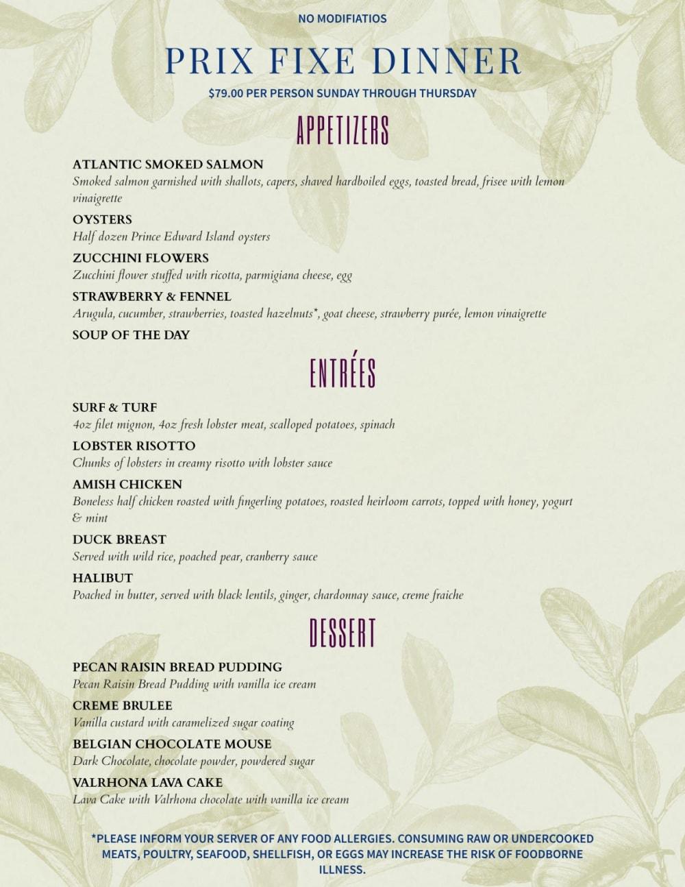Three Course Prix Fixe Dinner Sunday Through Thursday