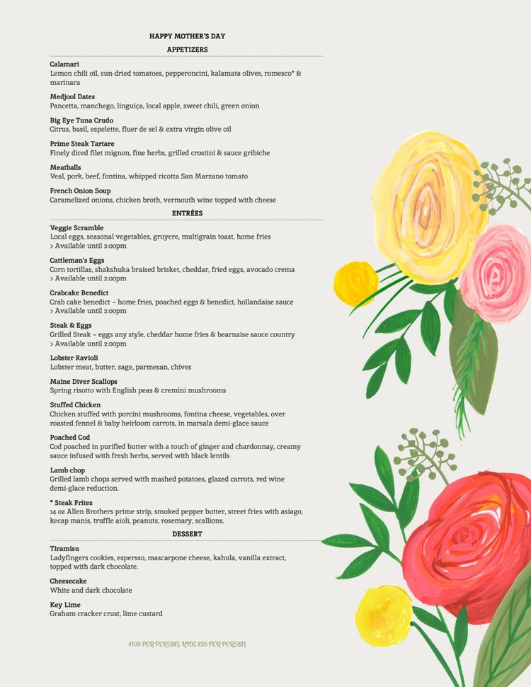 Make your Mother's Day reservation to enjoy a delightful dining experience. $105 per person, $25 for kids, ensuring that everyone in the family can enjoy this special day together.

